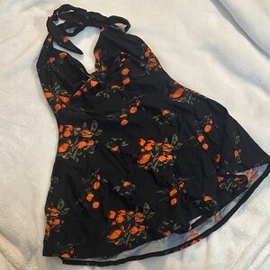 Black Halter Swimdress with Orange Fruit Print